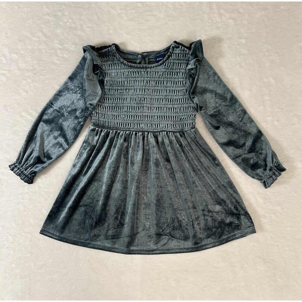 Old Navy Ruffle Sleeve Teal Velvet Keyhole Back Smocked Baby Dress 18-24 M